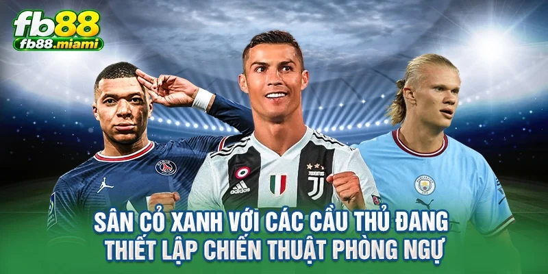 Sân cỏ xanh với các cầu thủ đang thiết lập chiến thuật phòng ngự